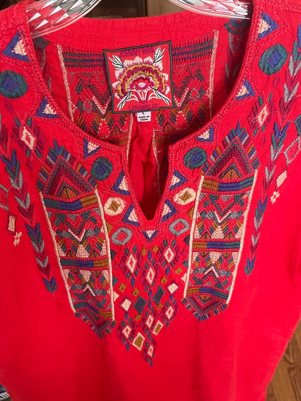 Johnny Was Red Linen Native American Embroidery Tunic Dress Large - Picture 4 of 7